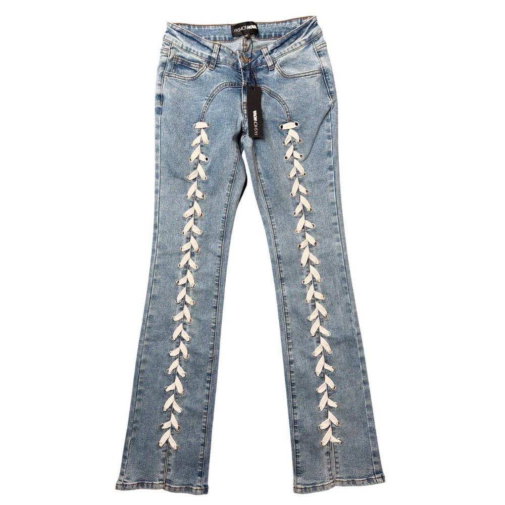Fashion Nova Jeans Womens 1 Tied To You Blue Lace Up Bootcut Medium Wash NEW